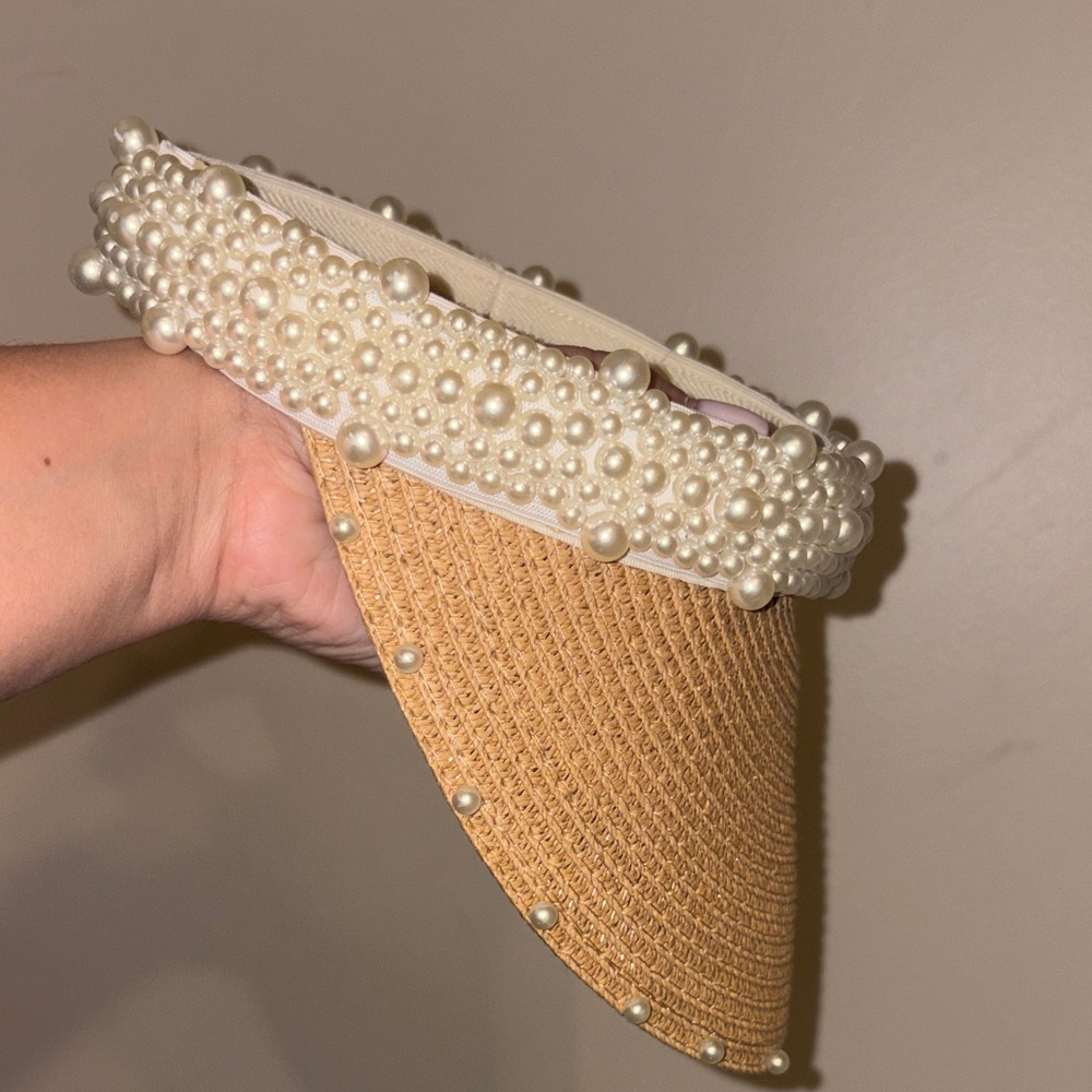Elegant Pearl-Embellished Tan Visor